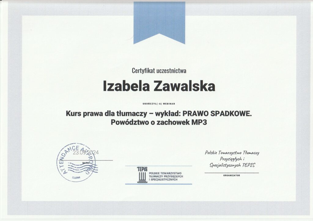 certyfikat szkolenia dla tłumaczy TEPIS prawo spadkowe wykład 